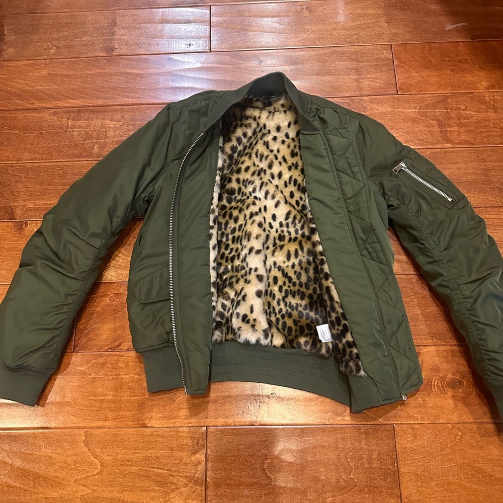 Topshop Khaki Bomber Jacket with Leopard Print Lining